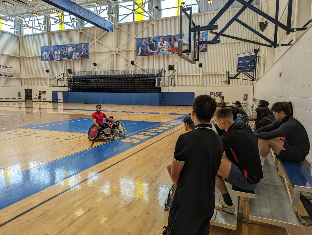 Paralympians in wheelchair rugby visit Camosun Kinesiology students and discuss the sport